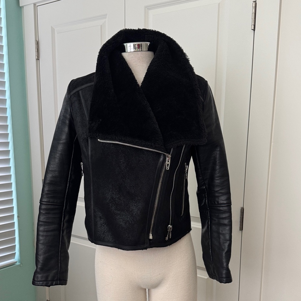 Black Faux Shearling Leather Jacket S